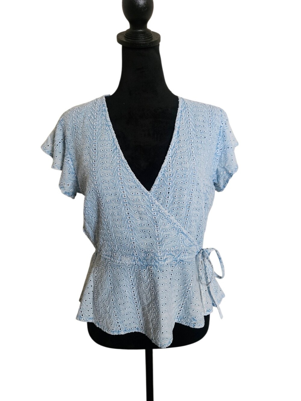 Style Envy Light Blue Eyelet  Cottagecore Wrap Peplum Blouse Size S